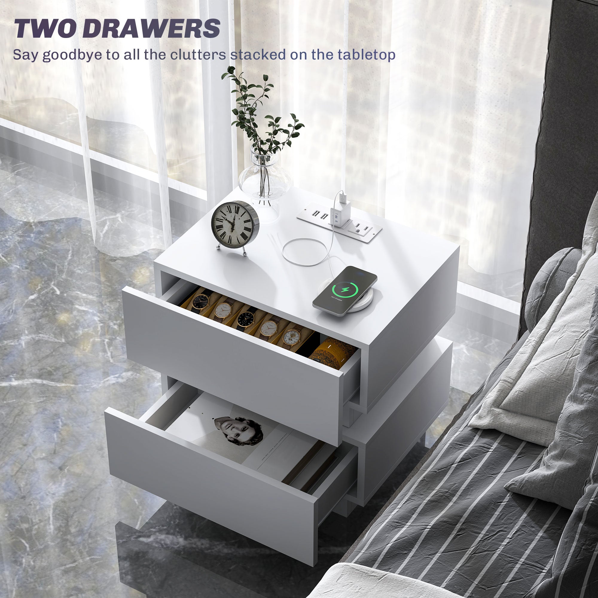 Bedside Table with Charging Station and LED Light Modern Nightstand with USB Ports AC Outlets Drawers Remote, White-Home Furnishings > Bedroom Furniture > Bedside Tables-DECOROLALA