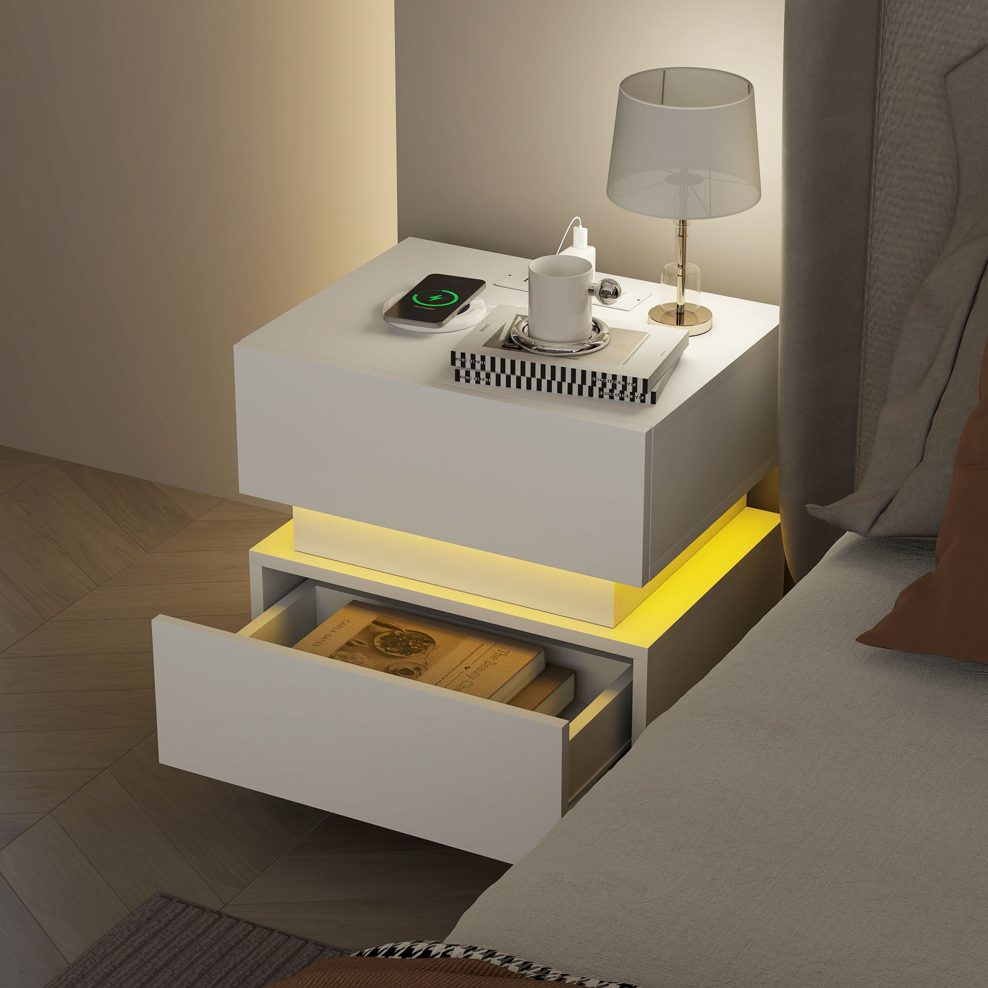 Bedside Table with Charging Station and LED Light Modern Nightstand with USB Ports AC Outlets Drawers Remote, White-Home Furnishings > Bedroom Furniture > Bedside Tables-DECOROLALA
