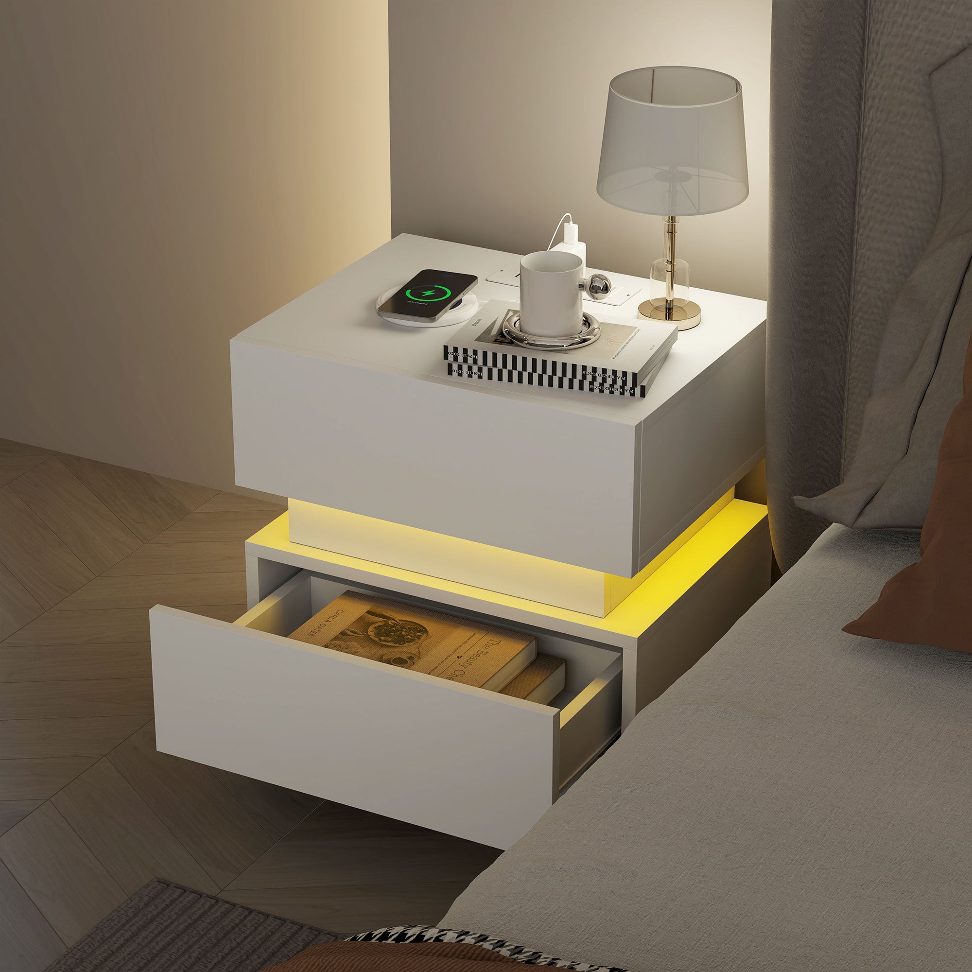 Bedside Table with Charging Station and LED Light Modern Nightstand with USB Ports AC Outlets Drawers Remote, White-Home Furnishings > Bedroom Furniture > Bedside Tables-DECOROLALA