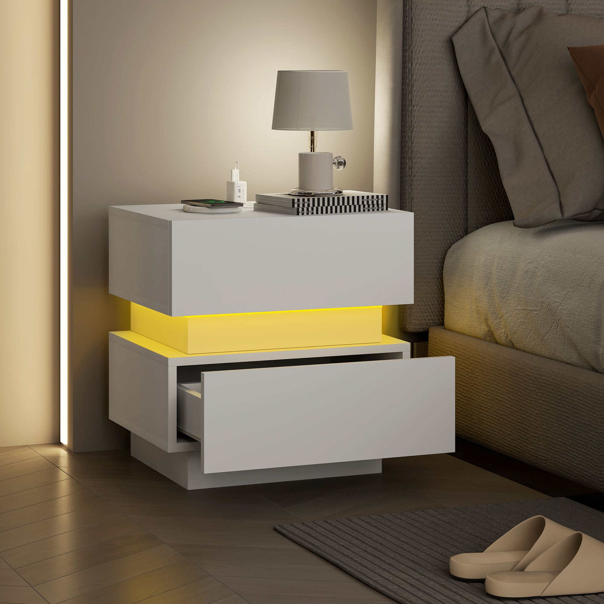 Bedside Table with Charging Station and LED Light Modern Nightstand with USB Ports AC Outlets Drawers Remote, White-Home Furnishings > Bedroom Furniture > Bedside Tables-DECOROLALA