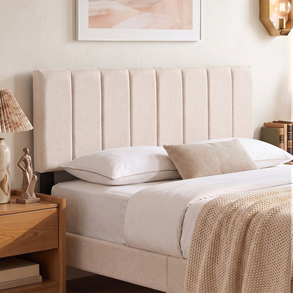 Beige Linen Upholstered Headboard - Adjustable Full/Queen Size-Headboards-DECOROLALA