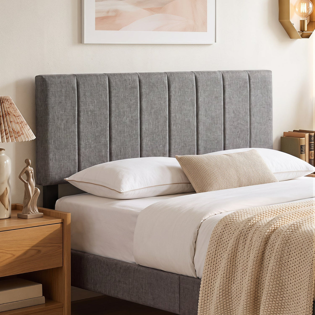 Beige Linen Upholstered Headboard - Adjustable Full/Queen Size-Headboards-DECOROLALA