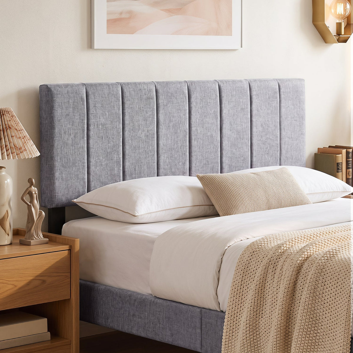 Beige Linen Upholstered Headboard - Adjustable Full/Queen Size-Headboards-DECOROLALA