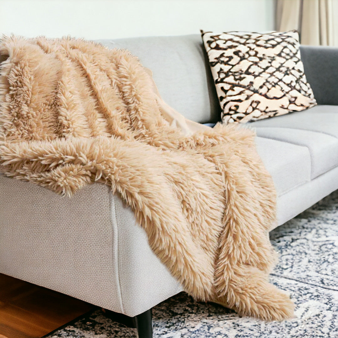 Beige Wool Solid Color Plush Throw-Throws & Blankets-DECOROLALA
