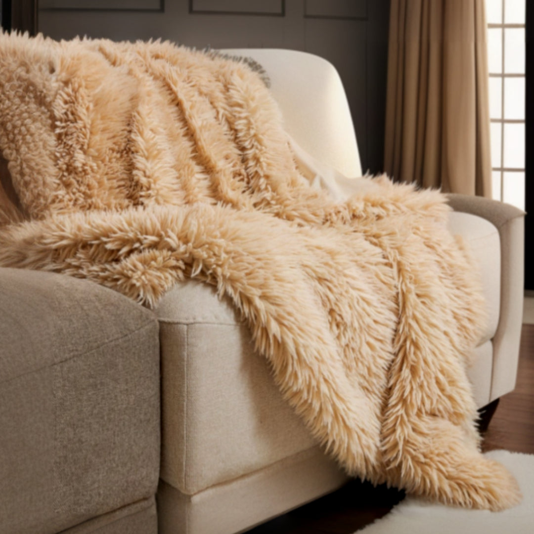 Beige Wool Solid Color Plush Throw-Throws & Blankets-DECOROLALA