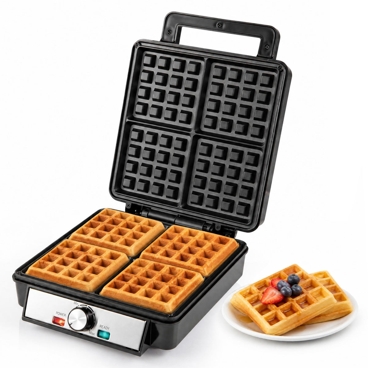 Belgian Waffle Maker 4-Slice 1200W with Browning Knob and Nonstick Plates-Black & Silver-Small Appliances-DECOROLALA