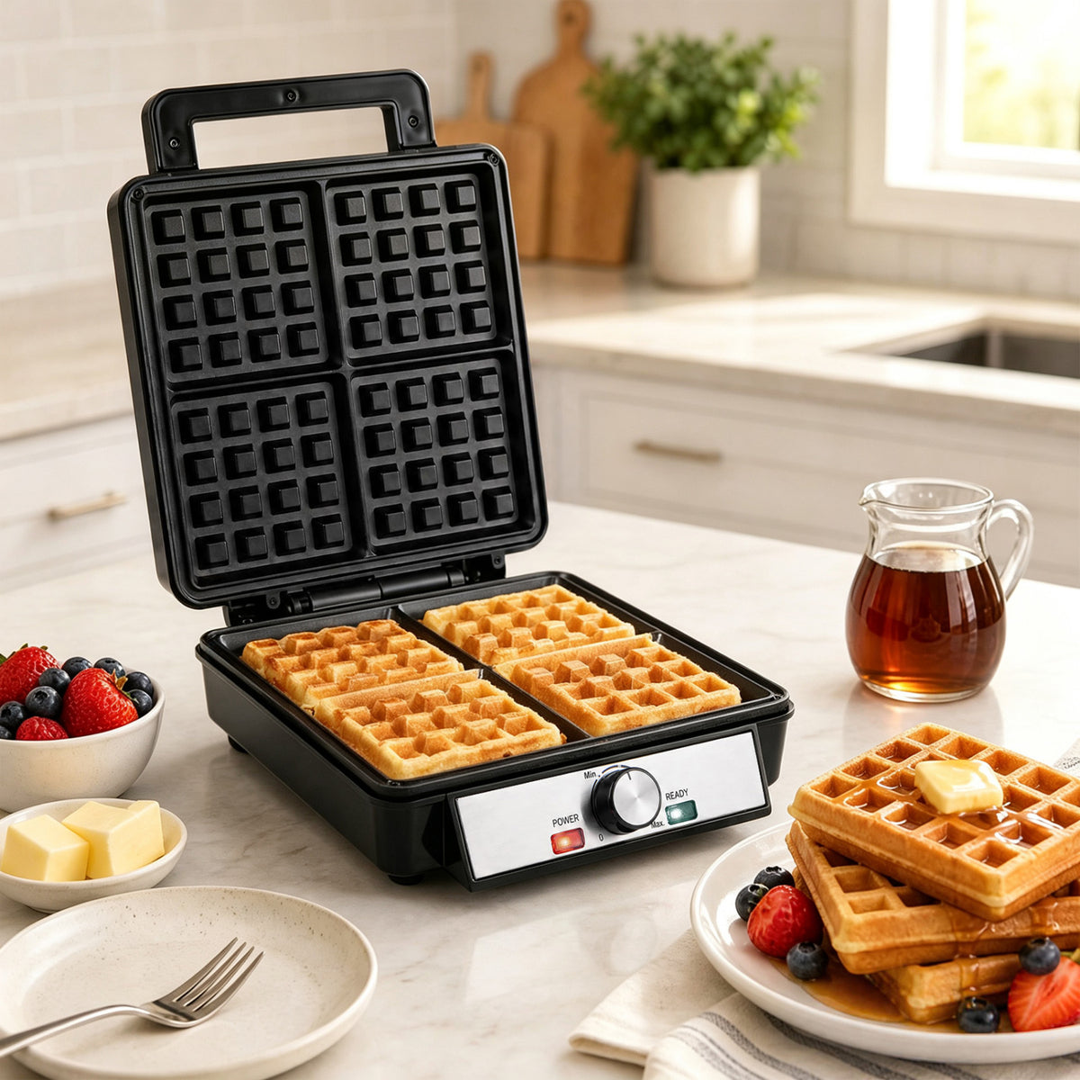 Belgian Waffle Maker 4-Slice 1200W with Browning Knob and Nonstick Plates-Black & Silver-Small Appliances-DECOROLALA