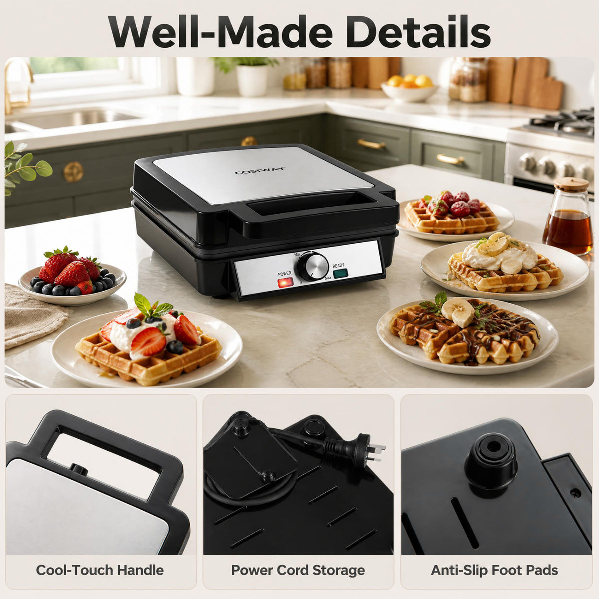 Belgian Waffle Maker 4-Slice 1200W with Browning Knob and Nonstick Plates-Black & Silver-Small Appliances-DECOROLALA