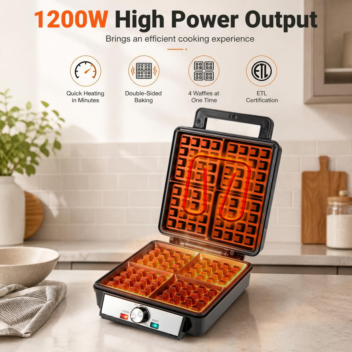 Belgian Waffle Maker 4-Slice 1200W with Browning Knob and Nonstick Plates-Black & Silver-Small Appliances-DECOROLALA
