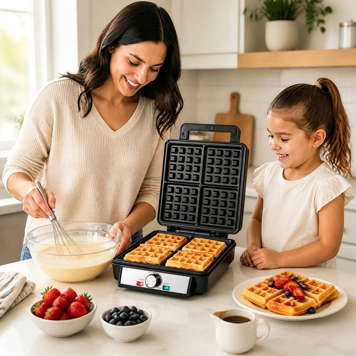 Belgian Waffle Maker 4-Slice 1200W with Browning Knob and Nonstick Plates-Black & Silver-Small Appliances-DECOROLALA
