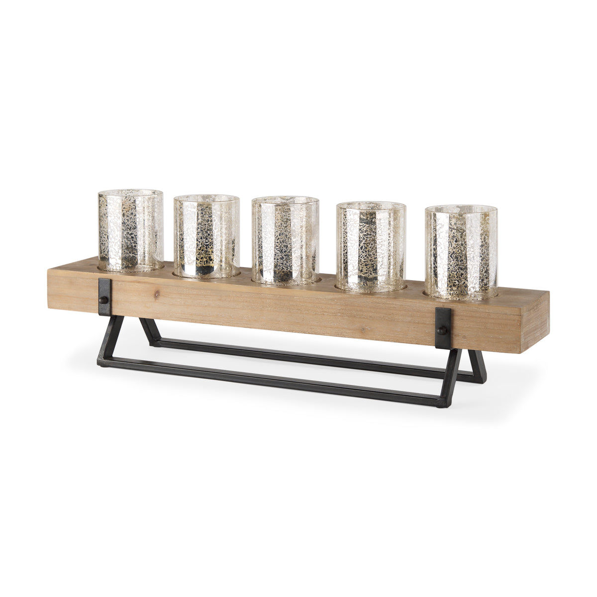 Benk Wood and Black Metal Five Cup Candle Holder-Table Candle Holders-DECOROLALA
