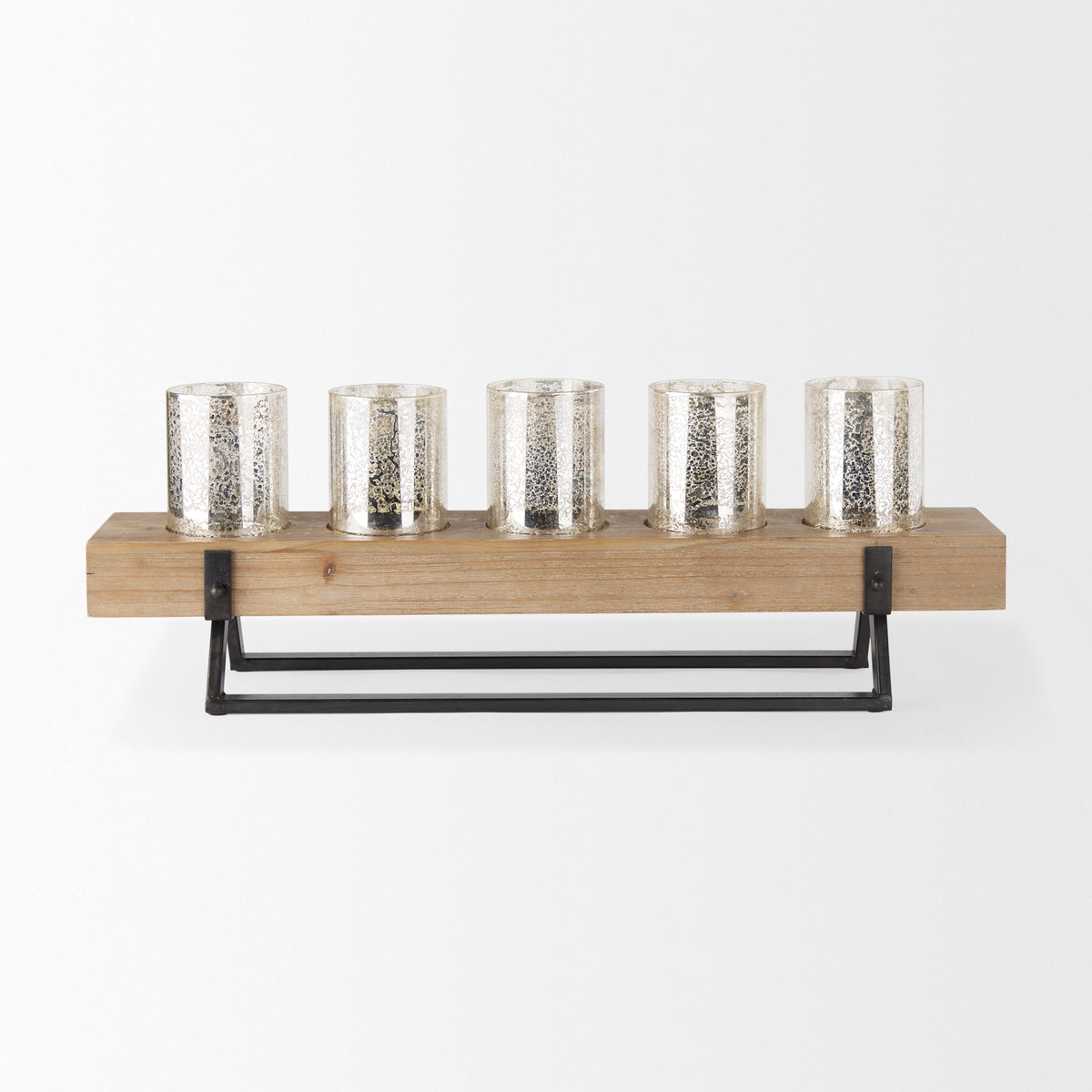 Benk Wood and Black Metal Five Cup Candle Holder-Table Candle Holders-DECOROLALA