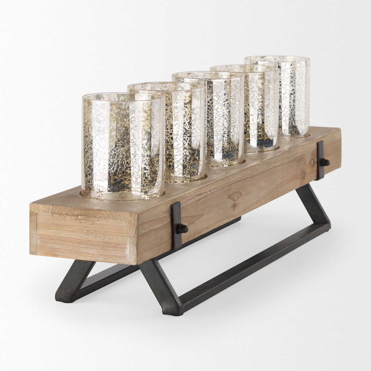 Benk Wood and Black Metal Five Cup Candle Holder-Table Candle Holders-DECOROLALA