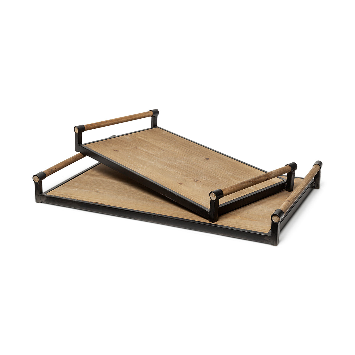 Benson Set of 2 Brown Wood Black Metal Trays-Trays-DECOROLALA