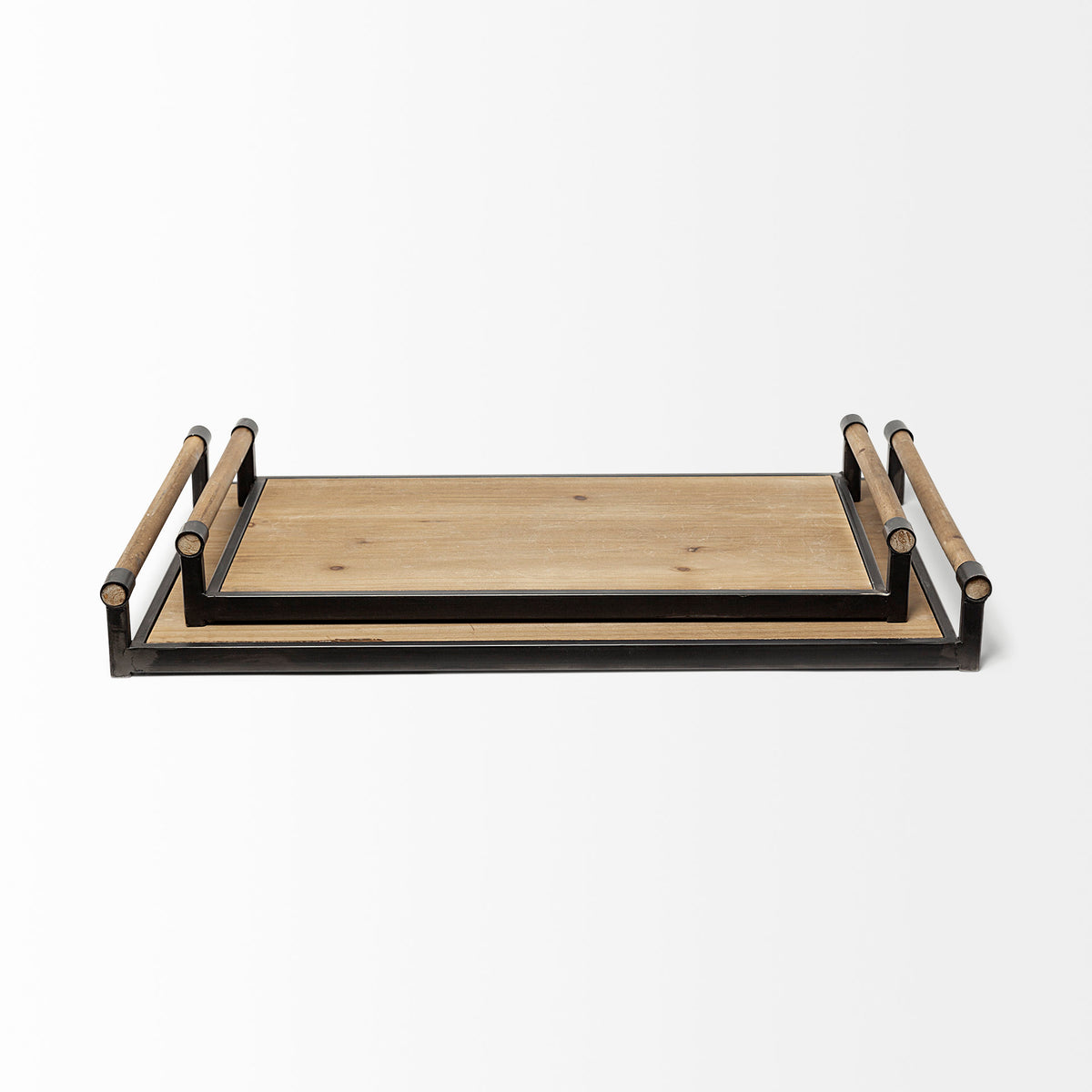 Benson Set of 2 Brown Wood Black Metal Trays-Trays-DECOROLALA