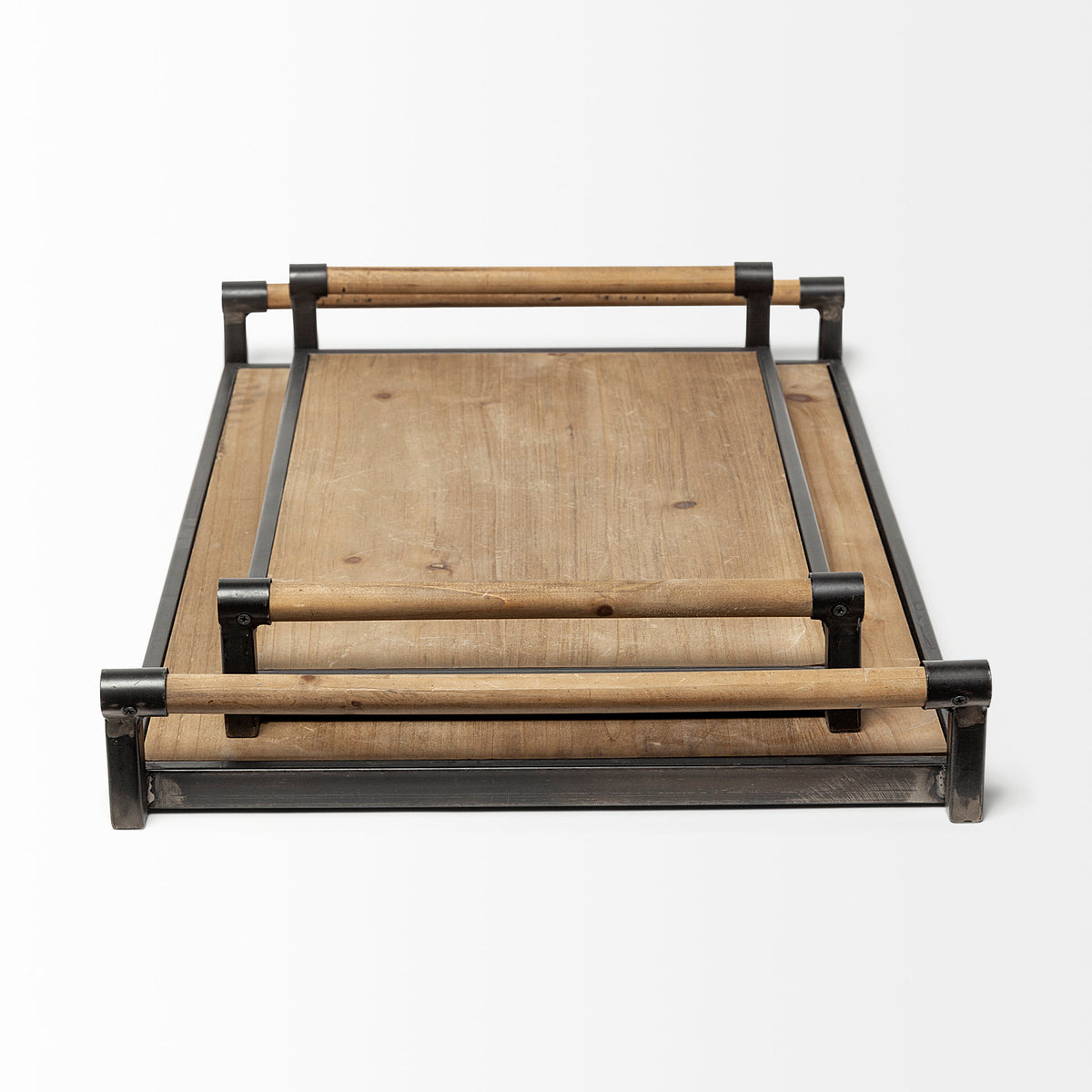 Benson Set of 2 Brown Wood Black Metal Trays-Trays-DECOROLALA