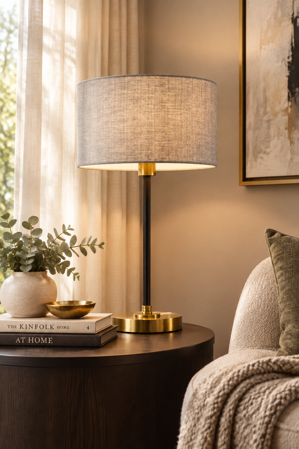 Bergen Table Lamp - 24" Black Brass Grey Shade-Lighting-DECOROLALA