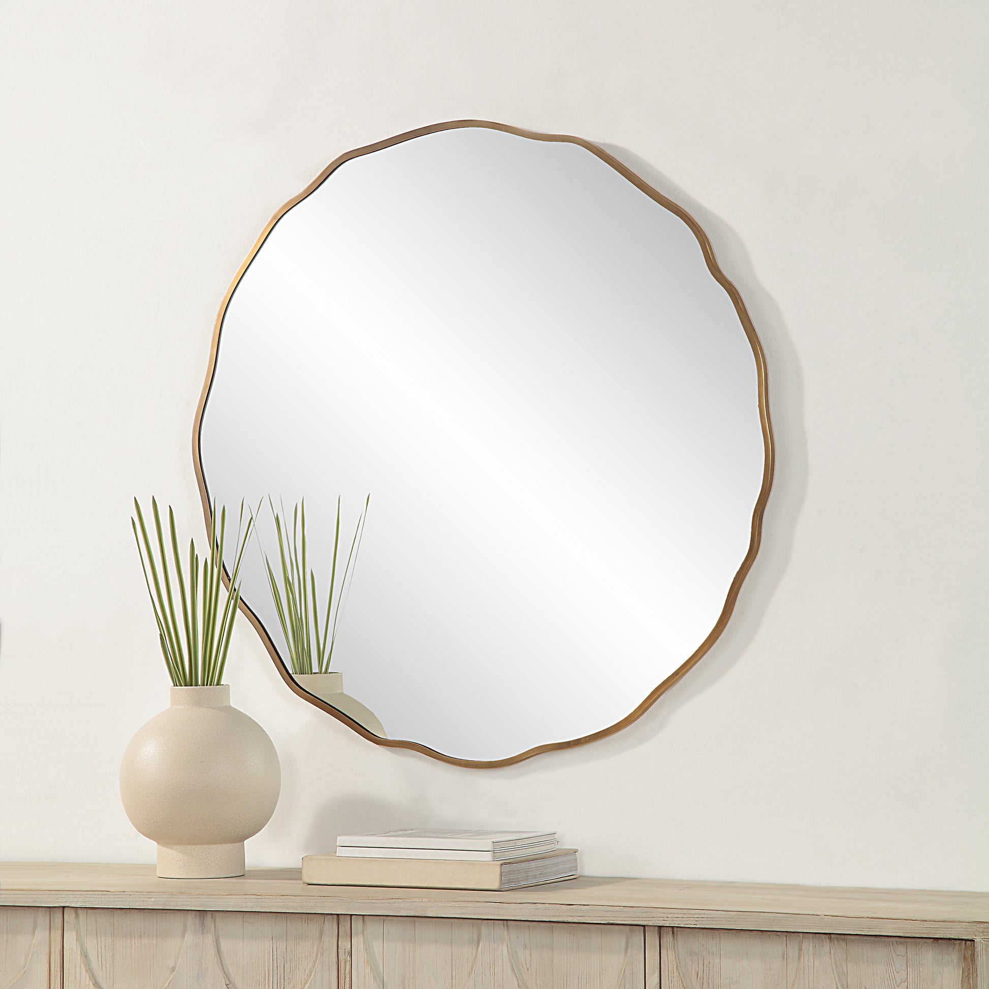 Bern 40" Tall Round Irregular Mirror, Antique Brushed Brass-Mirror-DECOROLALA
