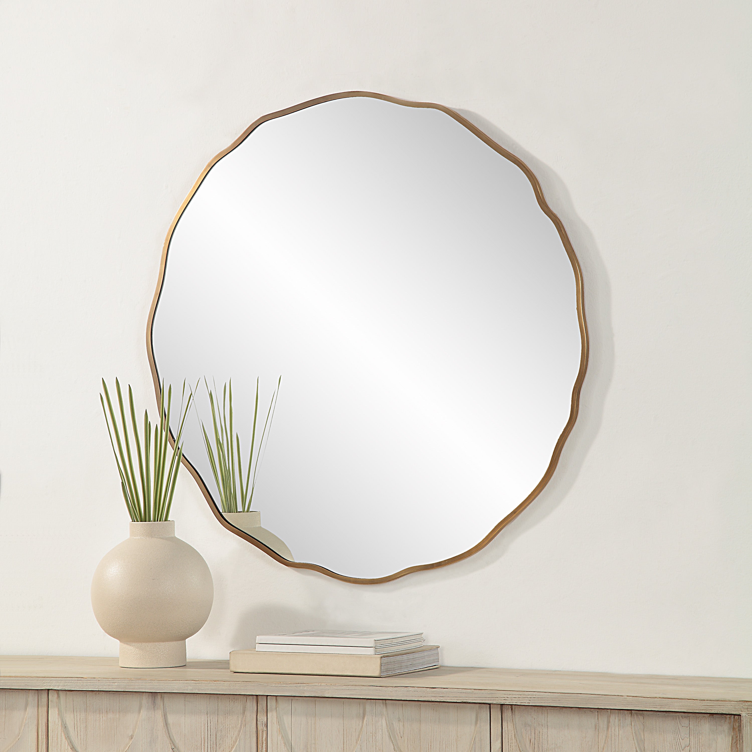Bern 40" Tall Round Irregular Mirror, Antique Brushed Brass-Mirror-DECOROLALA