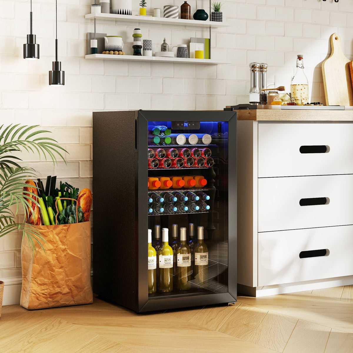 Beverage Refrigerator Cooler with Glass Door-Black-Wine & Beverage Coolers-DECOROLALA