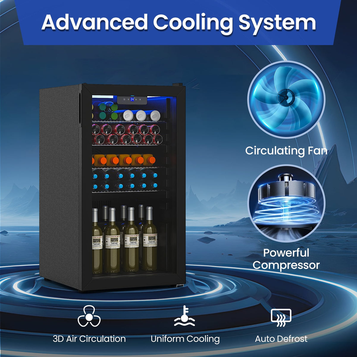 Beverage Refrigerator Cooler with Glass Door-Black-Wine & Beverage Coolers-DECOROLALA