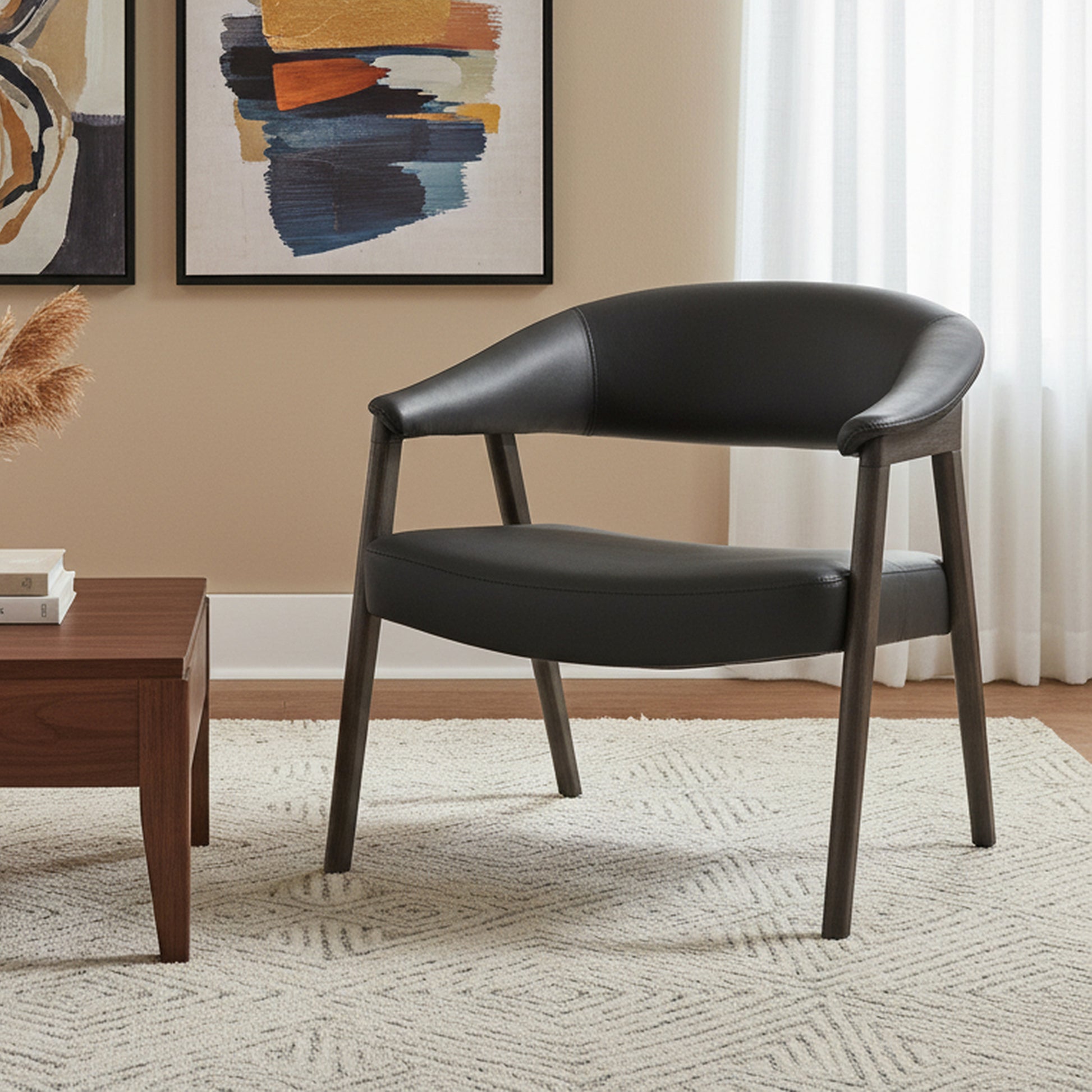 Bexley Accent Chair - Black Faux Leather & Walnut Frame-Accent Chairs-DECOROLALA