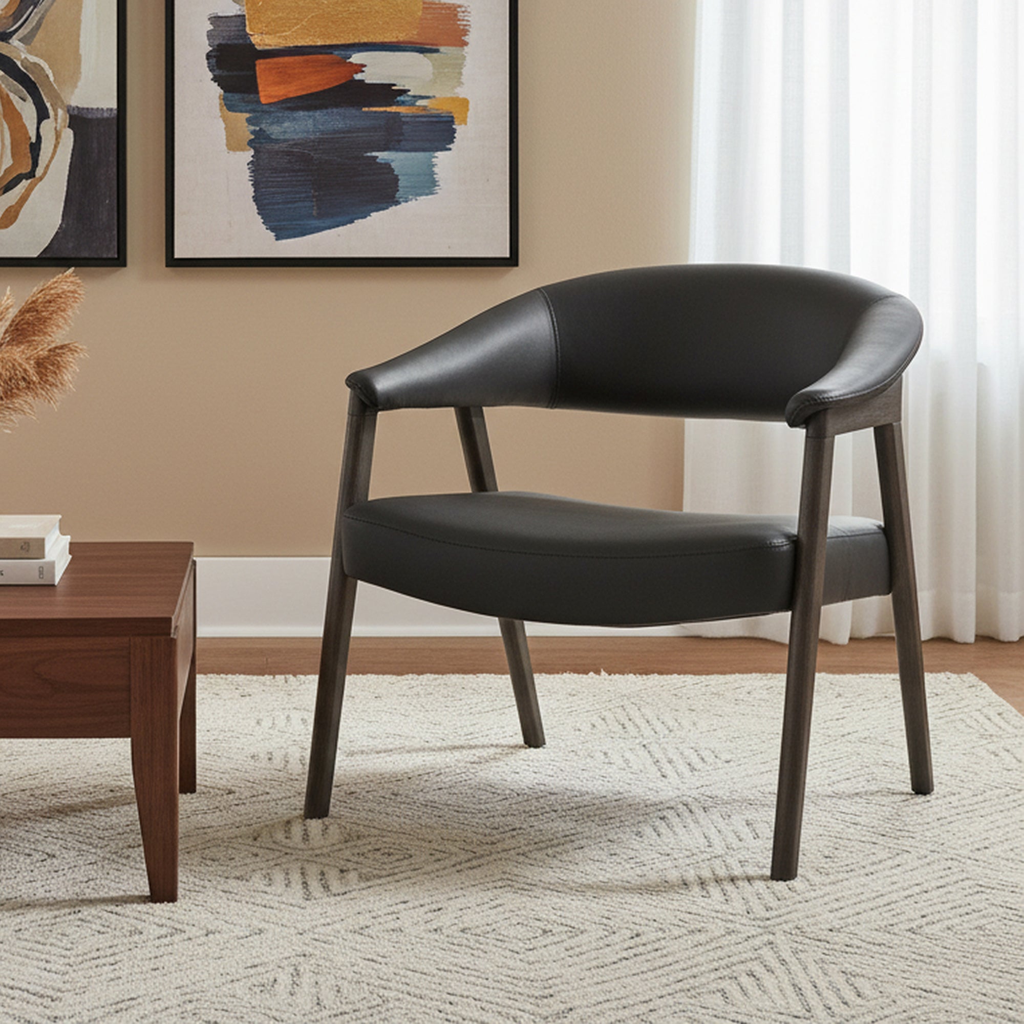 Bexley Accent Chair - Black Faux Leather & Walnut Frame-DECOROLALA