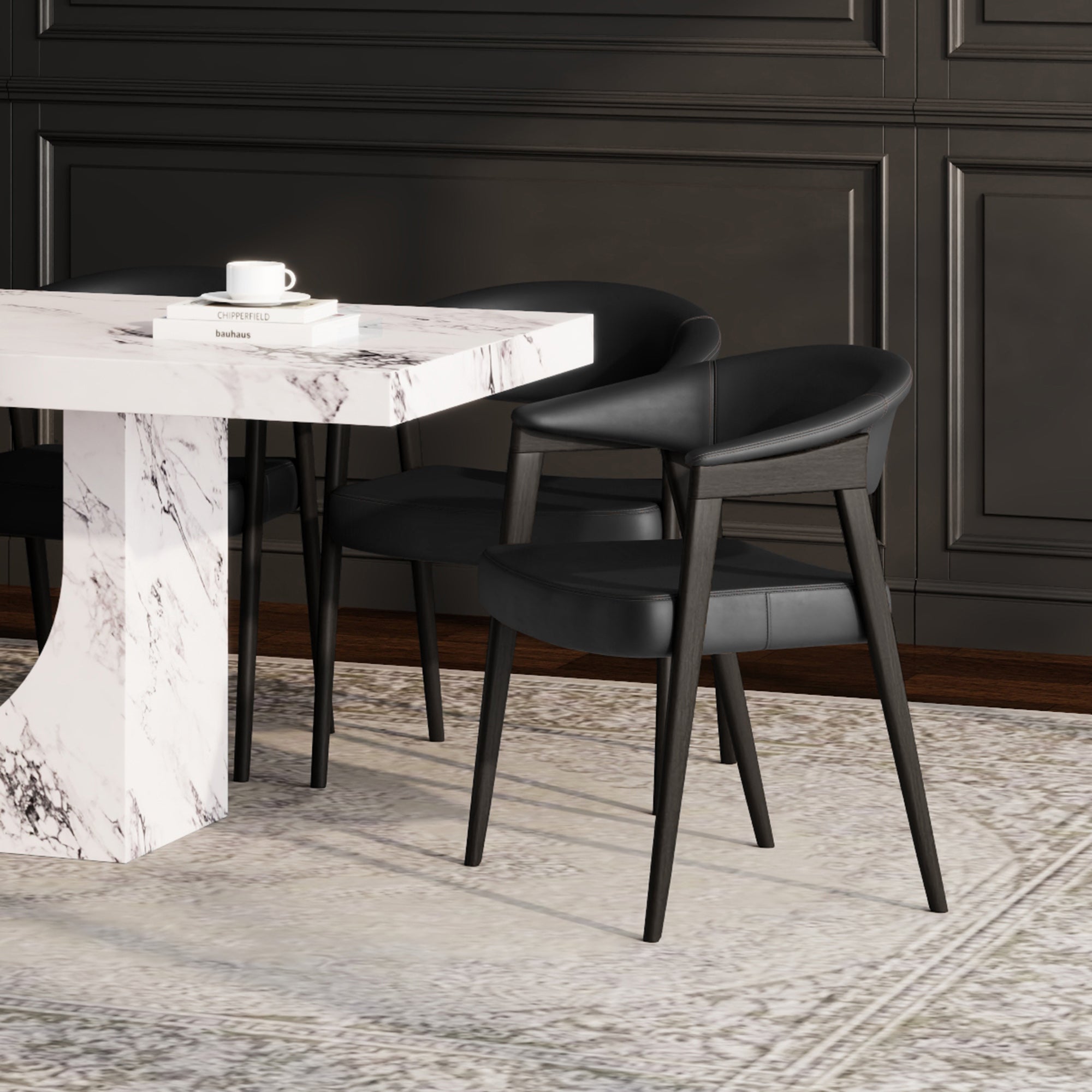 Bexley Dining Armchair - Black Faux Leather & Walnut Frame-DECOROLALA