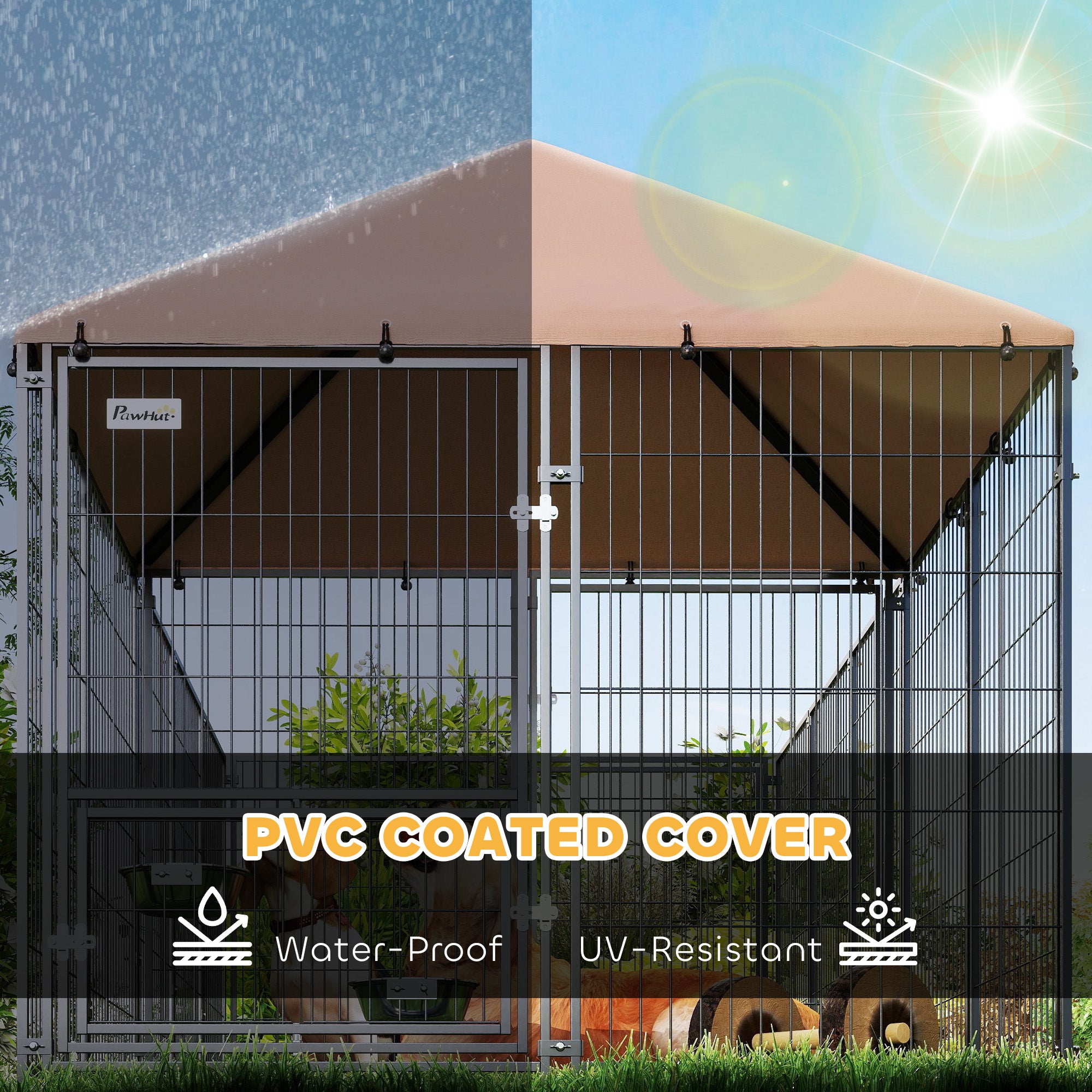 Outdoor Dog Kennel with Rotating and Adjustable Height Bowls, Waterproof UV-Resistant Cover, 11.3' x 4.7' x 5.1'