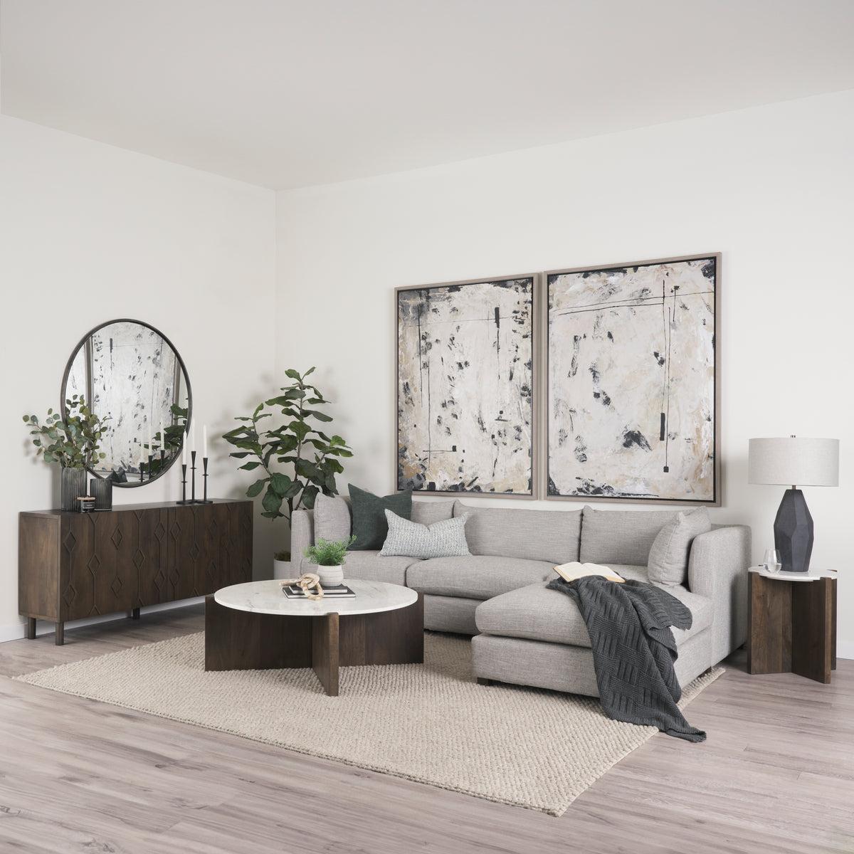 Bianca Light Brown Wood w/ Round Marble Top Coffee Table-Coffee Tables-DECOROLALA