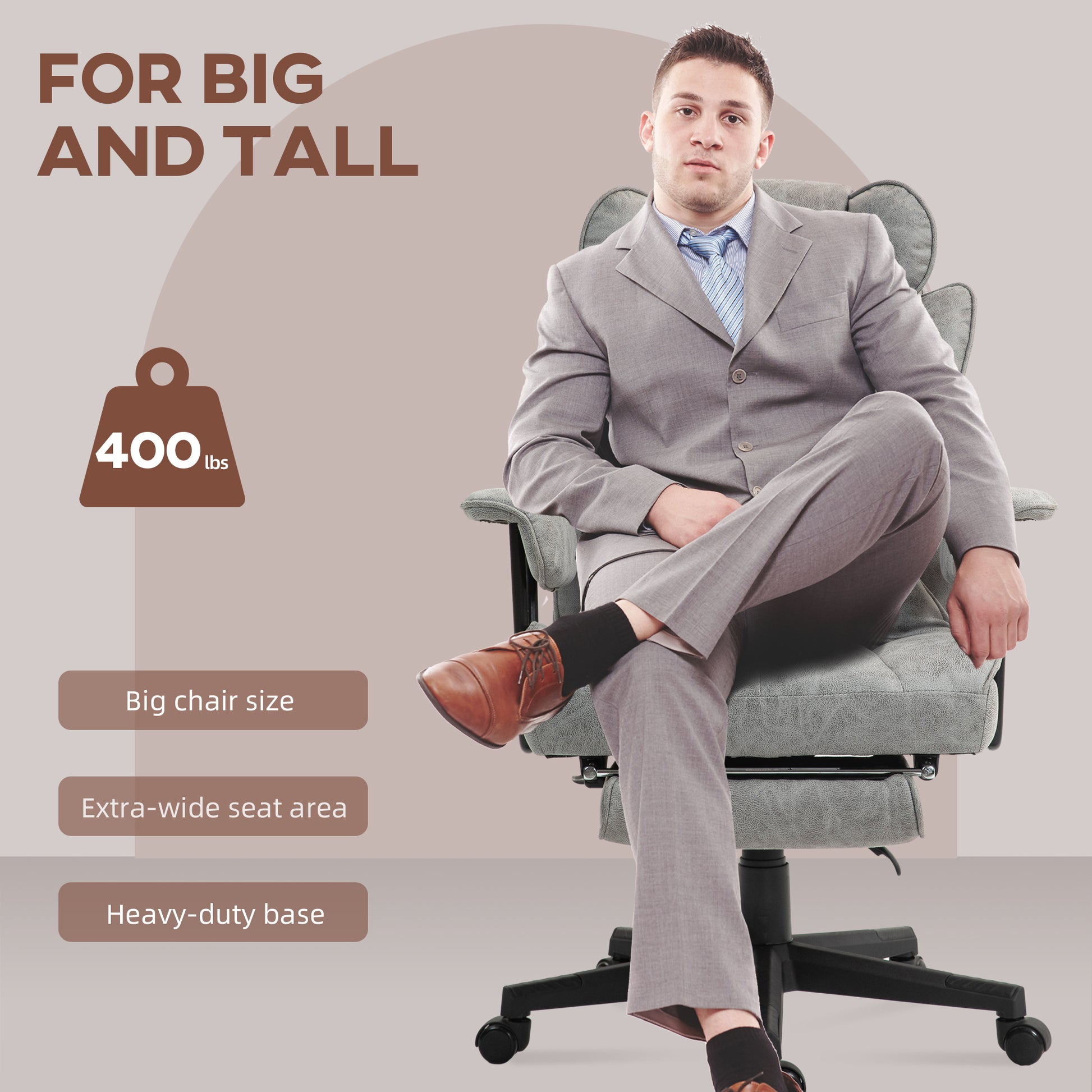 Big & Tall Office Chair Grey 400LBS Footrest-DECOROLALA