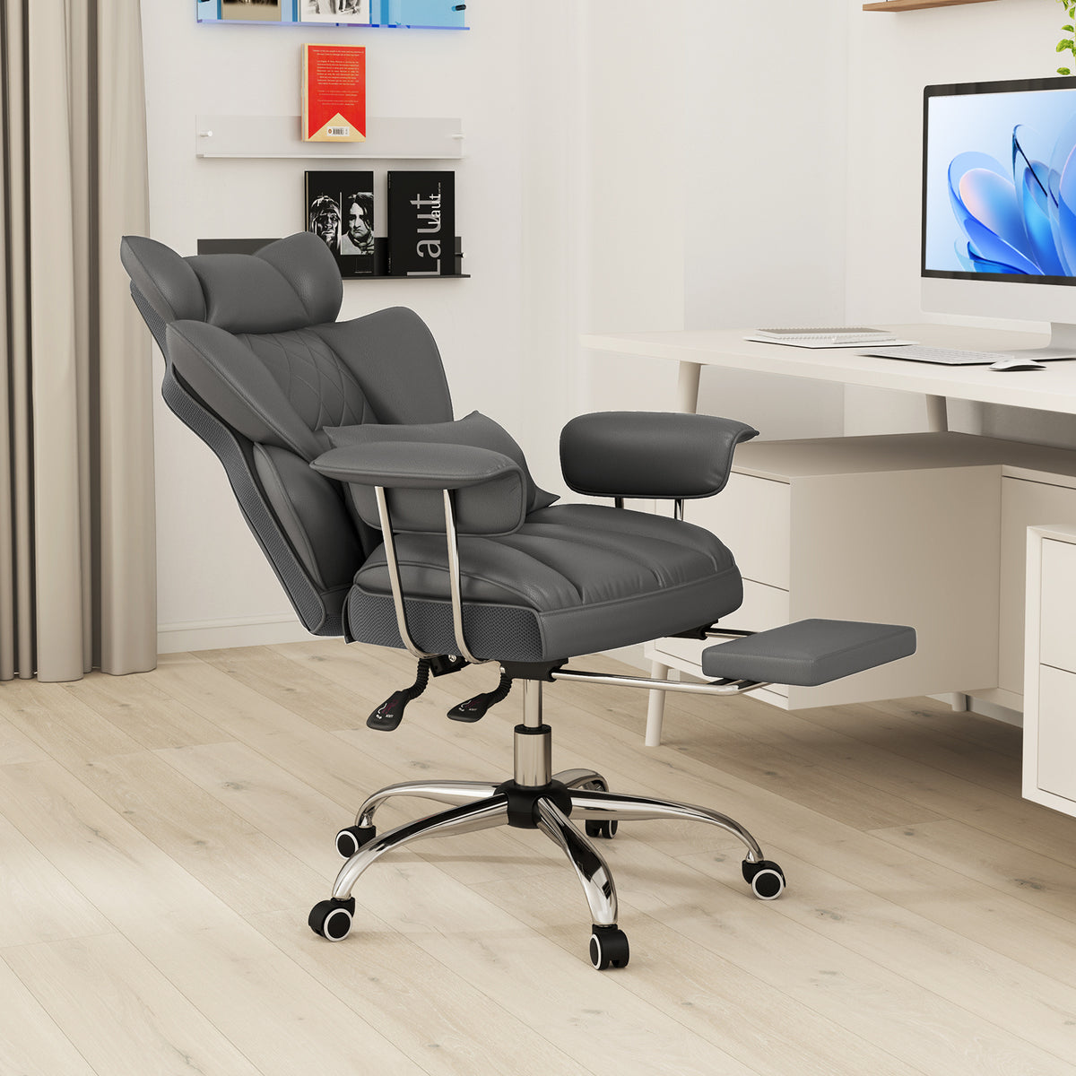 Big and Tall Executive Office Desk Chair with Footrest-Gray-Executive Office Chairs-DECOROLALA