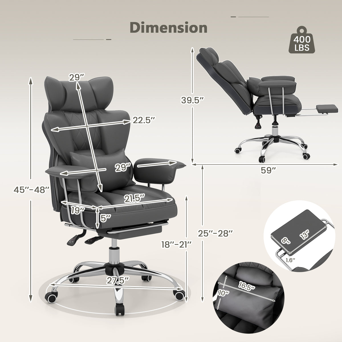 Big and Tall Executive Office Desk Chair with Footrest-Gray-Executive Office Chairs-DECOROLALA