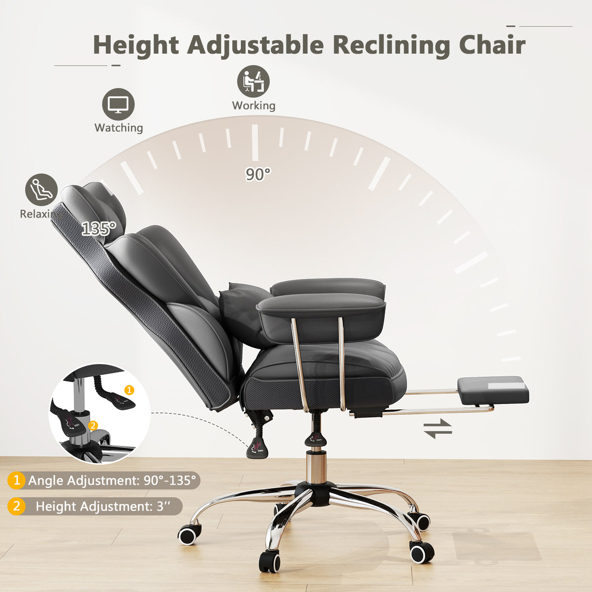 Big and Tall Executive Office Desk Chair with Footrest-Gray-Executive Office Chairs-DECOROLALA