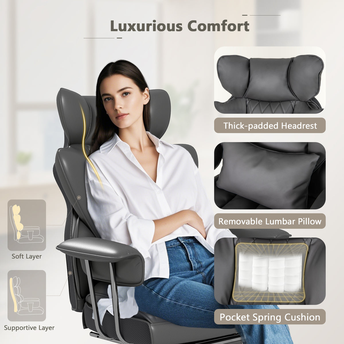 Big and Tall Executive Office Desk Chair with Footrest-Gray-Executive Office Chairs-DECOROLALA