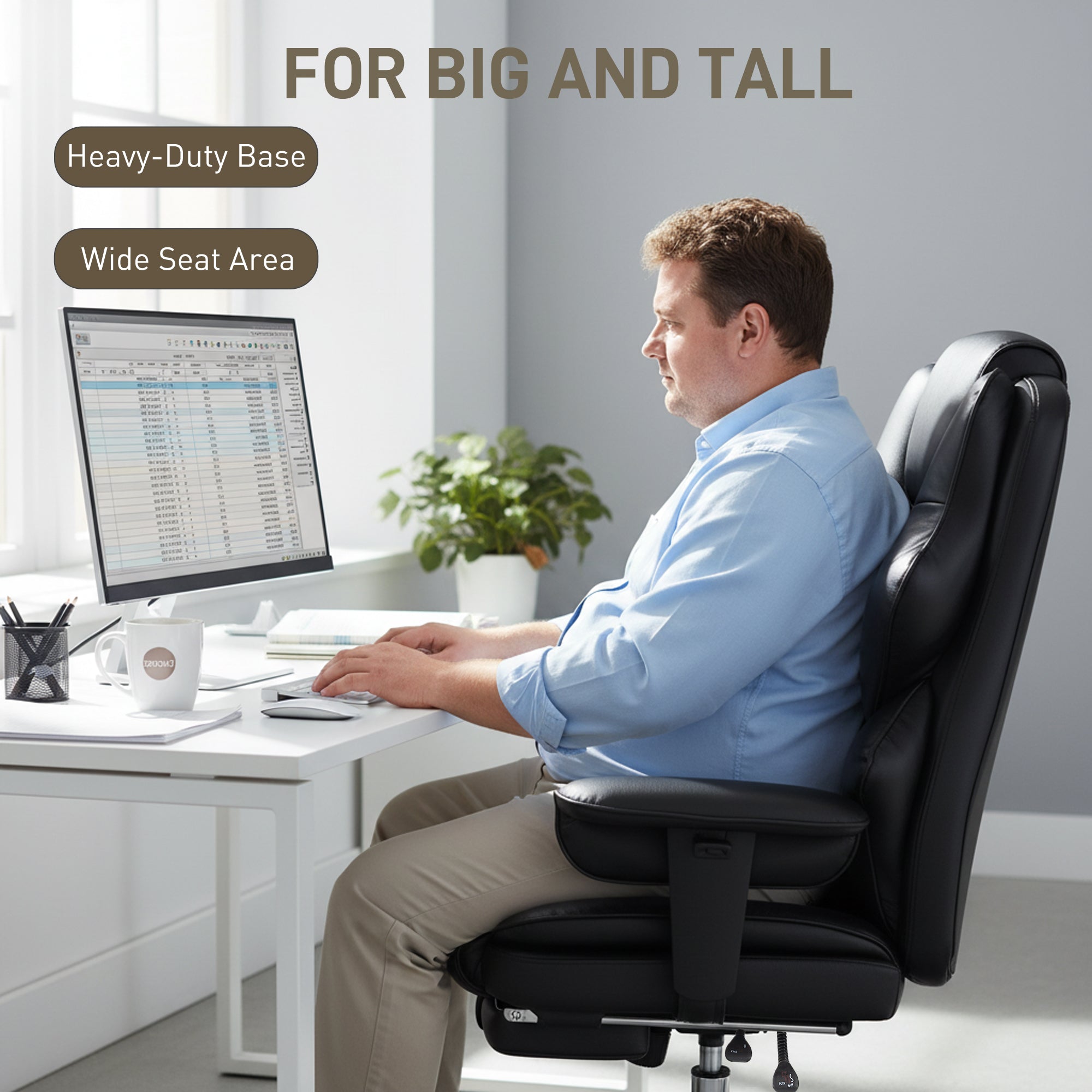 Big and Tall Office Chair - 400 lbs Black PU Leather-DECOROLALA