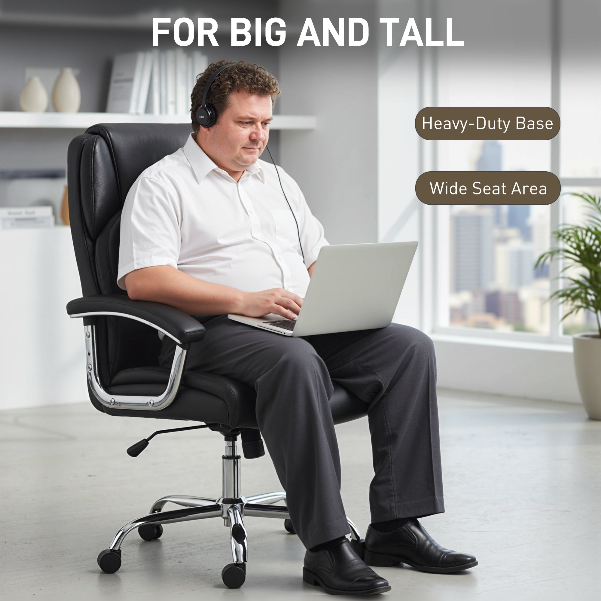 Big and Tall Office Chair 400 lbs - Black PU Leather-DECOROLALA