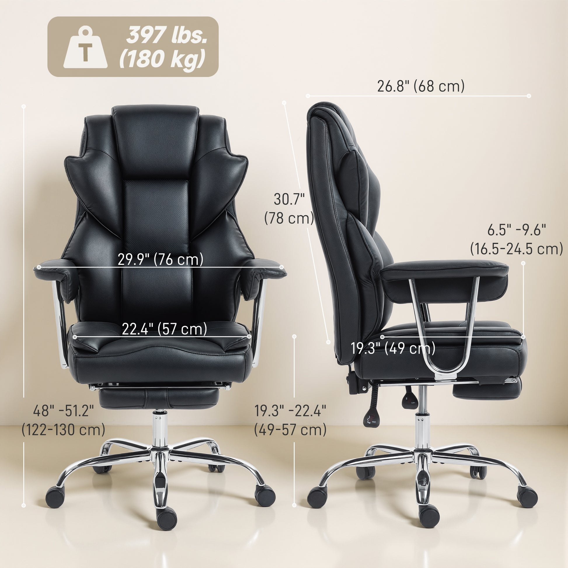 Big and Tall Office Chair - 400 lbs Reclining Black PU Leather-DECOROLALA