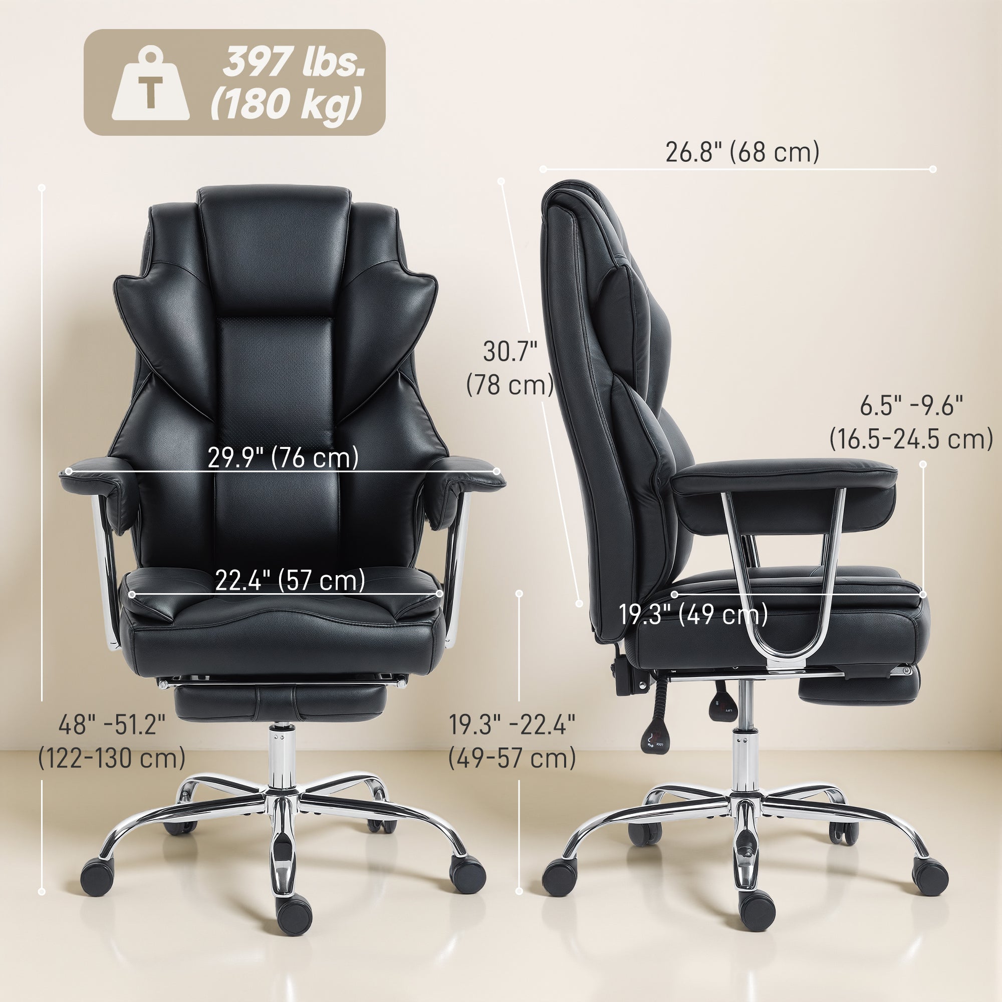 Big and Tall Office Chair - 400 lbs Reclining Black PU Leather-DECOROLALA