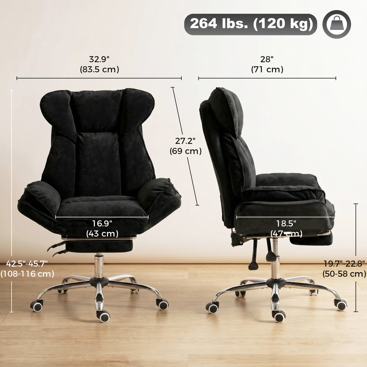 Big and Tall Reclining Office Chair - Black Velvet with Footrest-Office Products > Office Furniture > Office Chairs-DECOROLALA