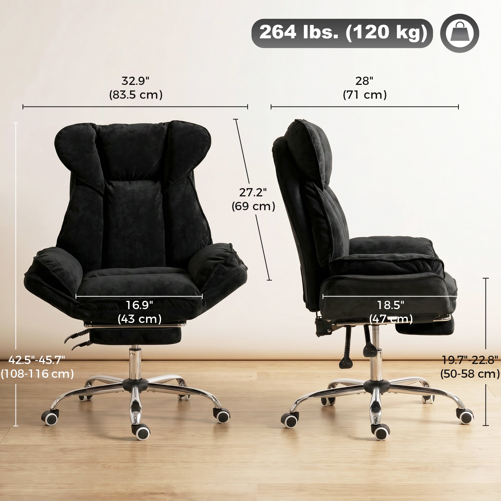 Big and Tall Reclining Office Chair - Black Velvet with Footrest-Office Products > Office Furniture > Office Chairs-DECOROLALA