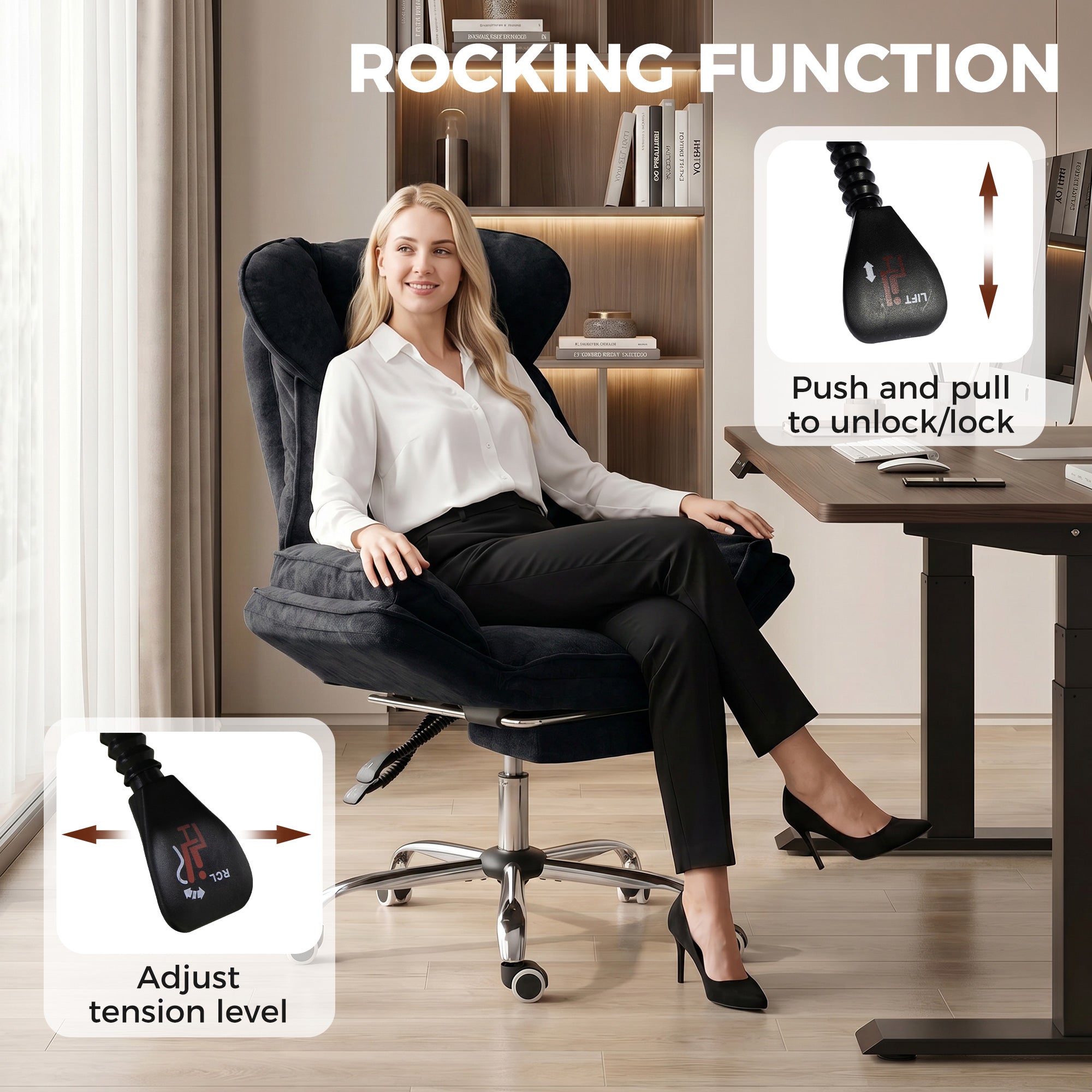 Big and Tall Reclining Office Chair - Black Velvet with Footrest-Office Products > Office Furniture > Office Chairs-DECOROLALA