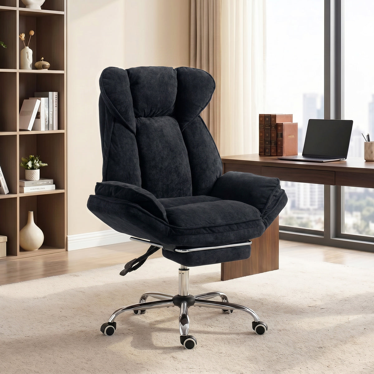 Big and Tall Reclining Office Chair - Black Velvet with Footrest-Office Products > Office Furniture > Office Chairs-DECOROLALA