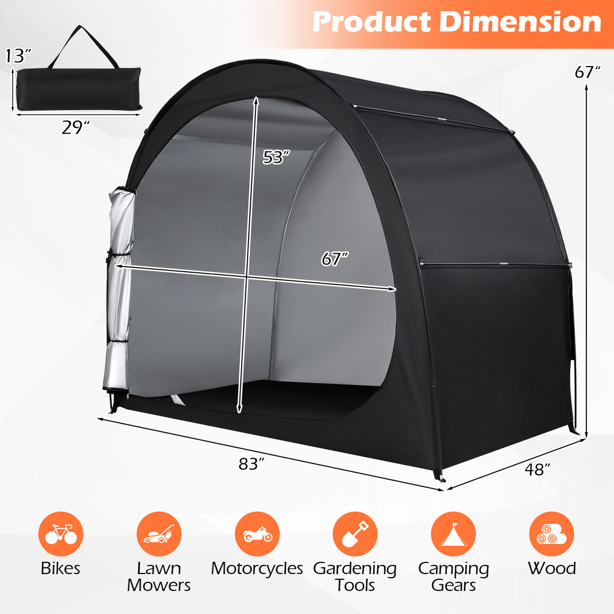 Bike Storage Tent Portable Bicycle Shed with Waterproof PU Coated Oxford Fabric-Black-Carports-DECOROLALA