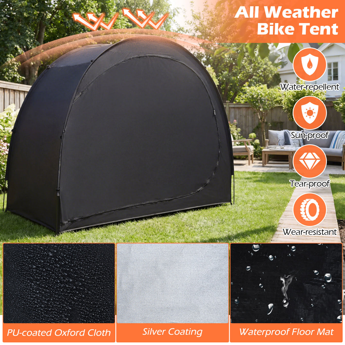Bike Storage Tent Portable Bicycle Shed with Waterproof PU Coated Oxford Fabric-Black-Carports-DECOROLALA