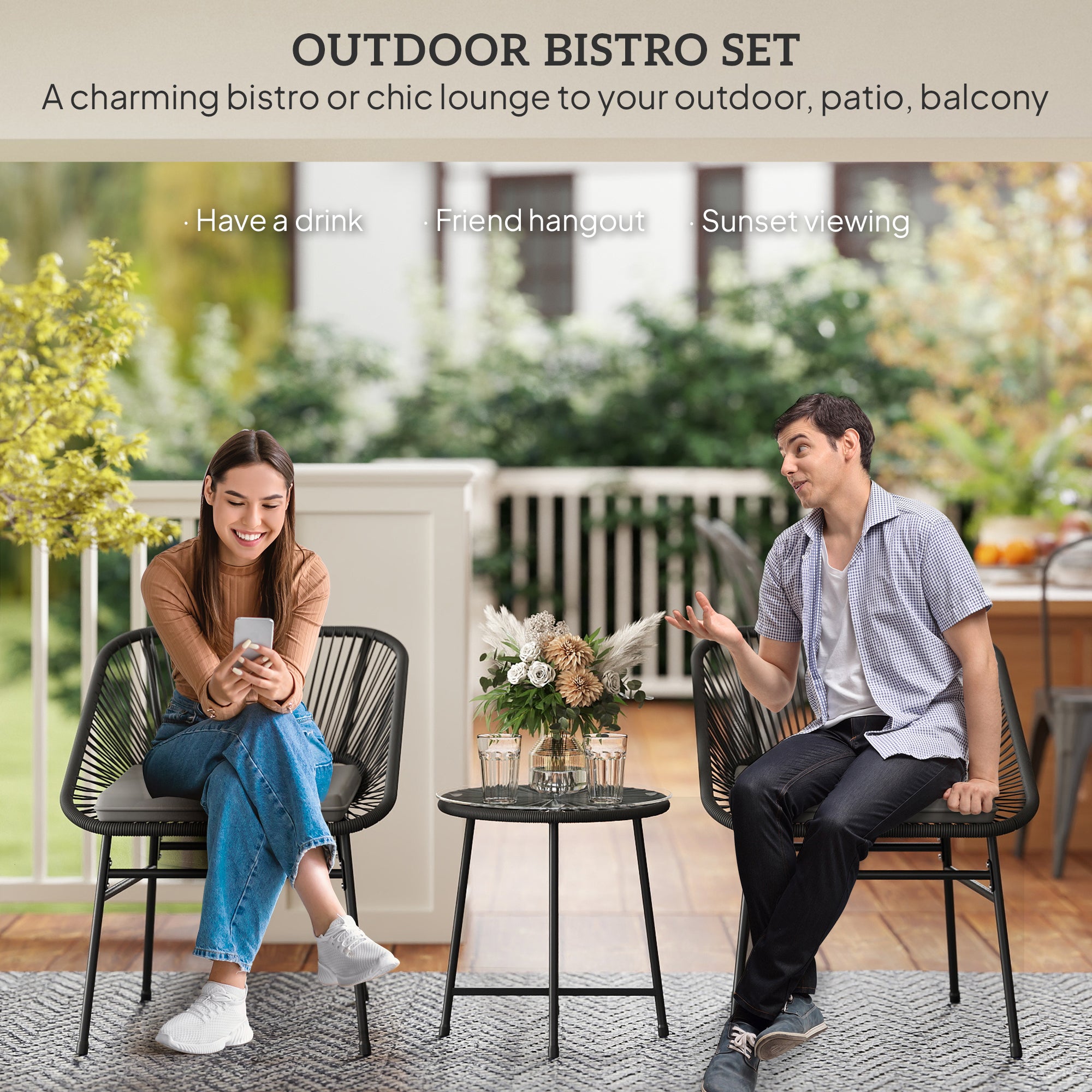 Bistro Set 3-Piece Wicker Patio Furniture Black-DECOROLALA