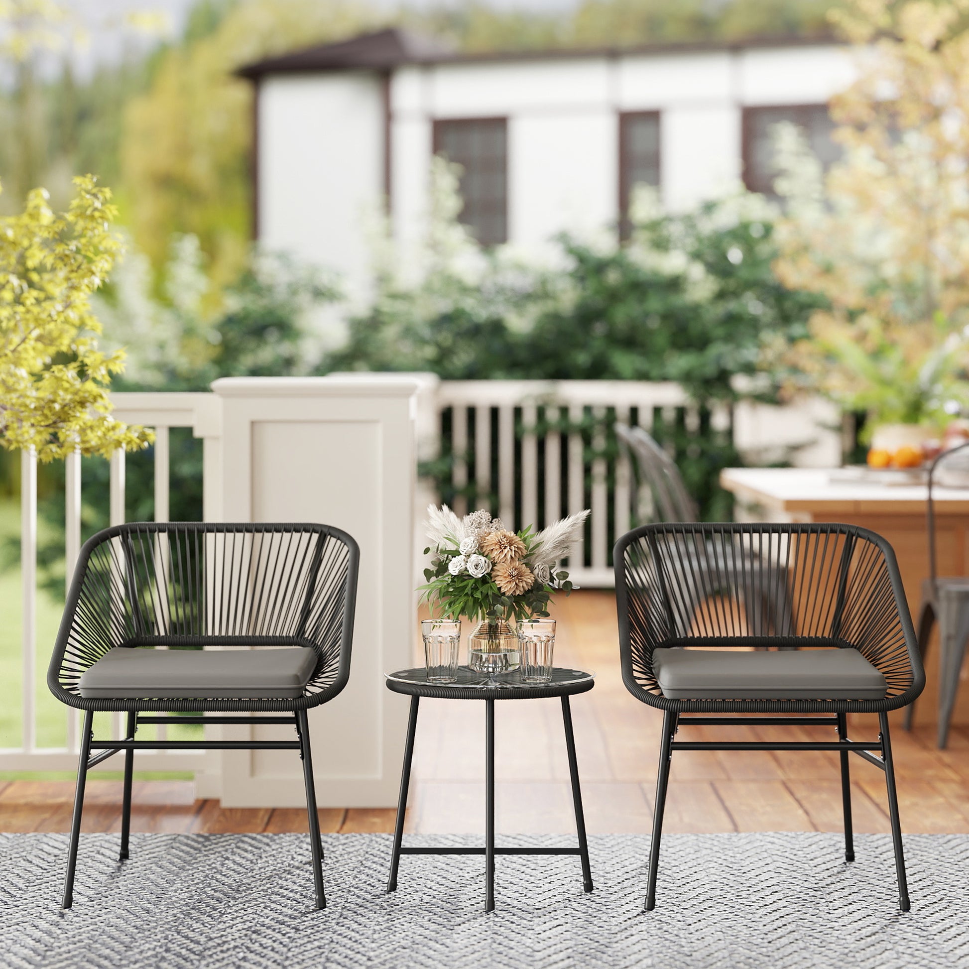 Bistro Set 3-Piece Wicker Patio Furniture Black-DECOROLALA