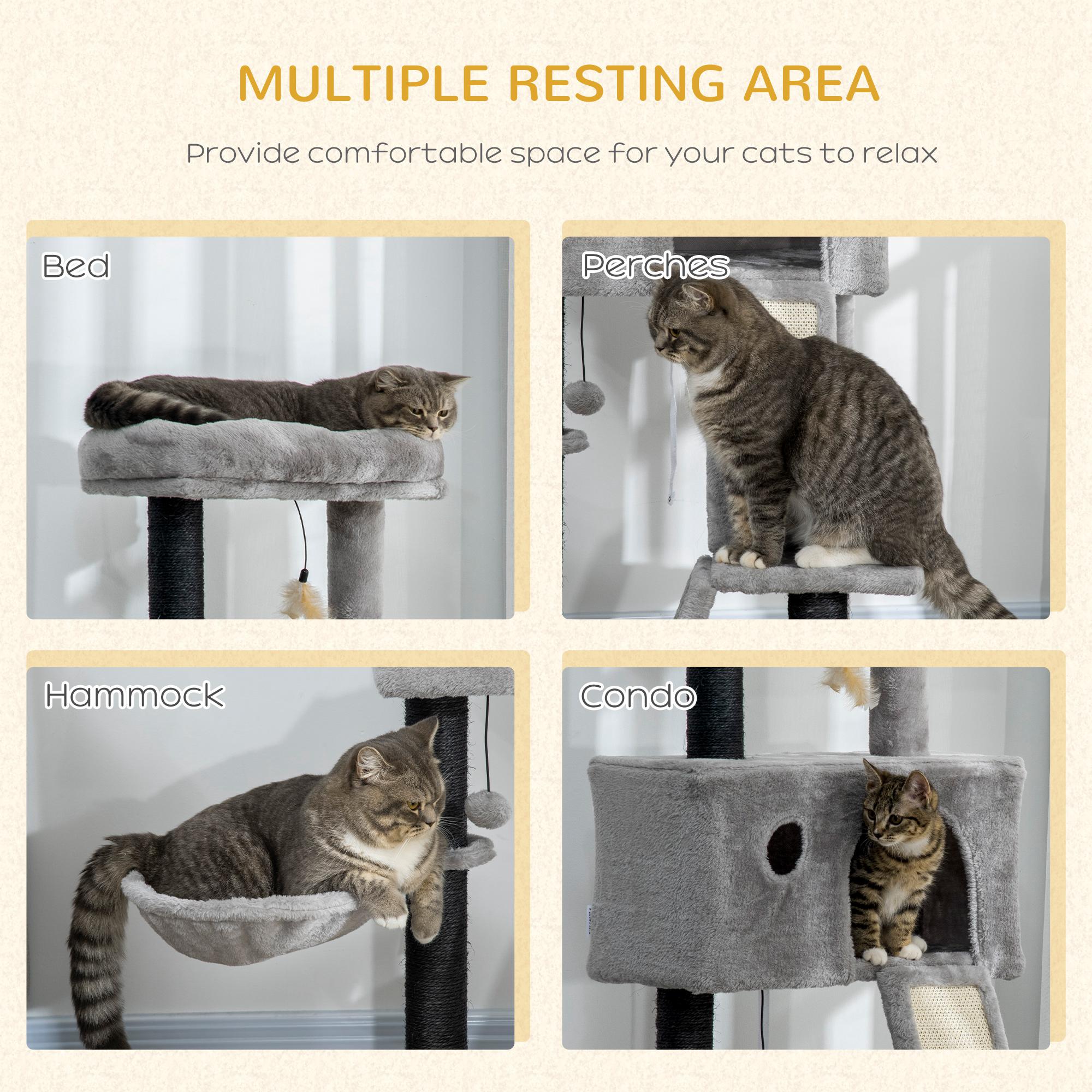 47" Cat Tree for Indoor Cats, Kitty Activity Center, Cat Tower with Cat Ear Bed Ramp Condo Hammock Hanging Ball Toys Sisal Rope Scratching Post, Light Grey