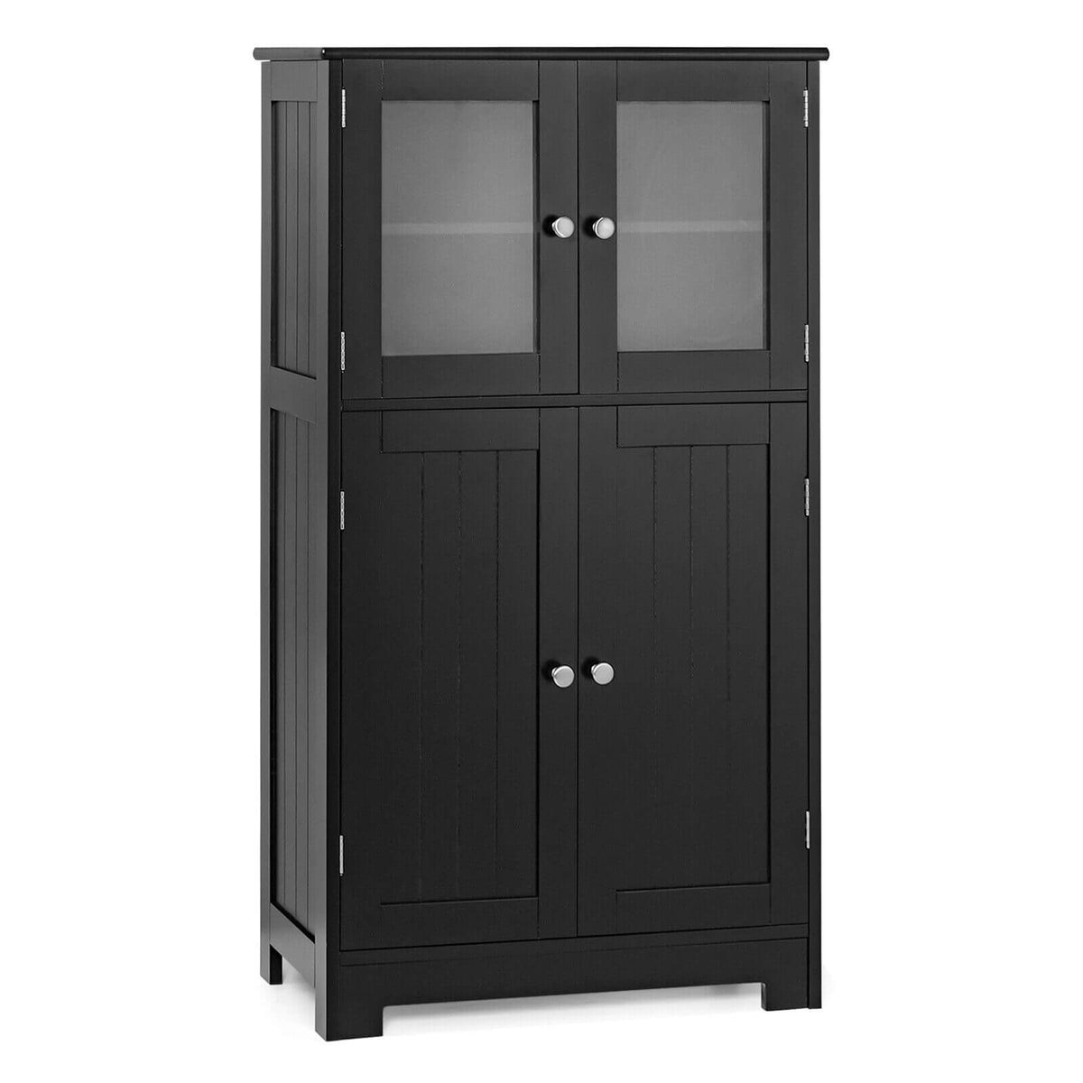 Black 4-Door Floor Storage Cabinet with Glass Doors & Shelf-Floor Cabinets-DECOROLALA