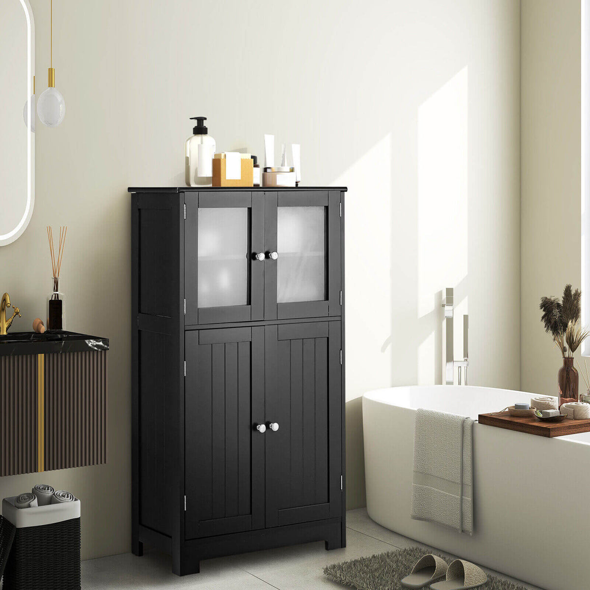 Black 4-Door Floor Storage Cabinet with Glass Doors & Shelf-Floor Cabinets-DECOROLALA